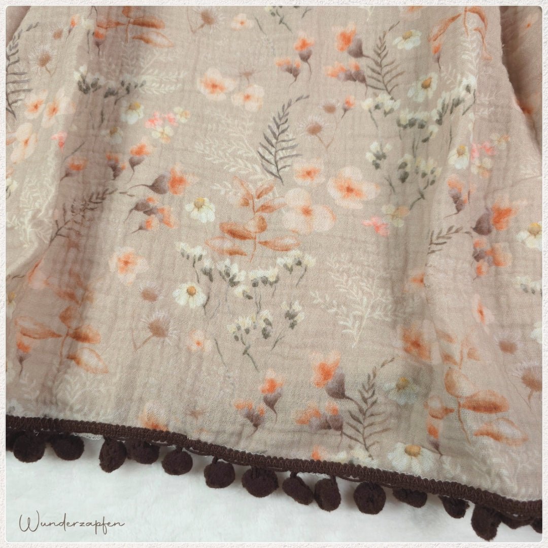 Badeponcho *Blumen* mit Pompomborte Braun - Wunderzapfen -
