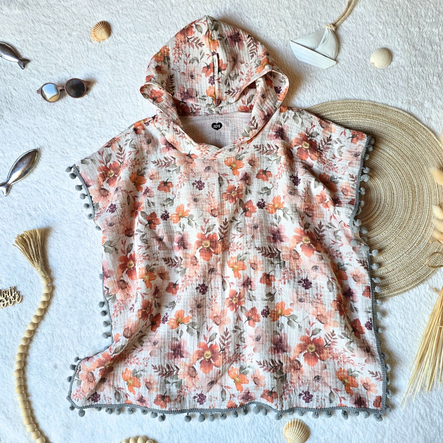 Badeponcho *Rote Blumen* Gr. 98/104 - Wunderzapfen -