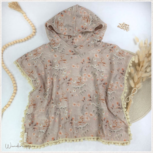 Badeponcho *Blumen* mit Pompomborte Creme - Wunderzapfen - 