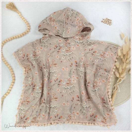 Badeponcho *Blumen* mit Pompomborte Zartrosa - Wunderzapfen - 